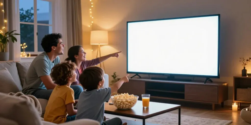 Family enjoying movie night using the MovieBox app on a large screen.