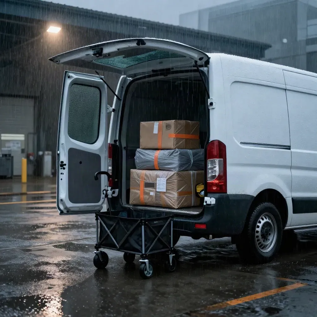 Pre-dawn courier bay with open van, stacked parcels, dolly and misty rain on wet concrete.