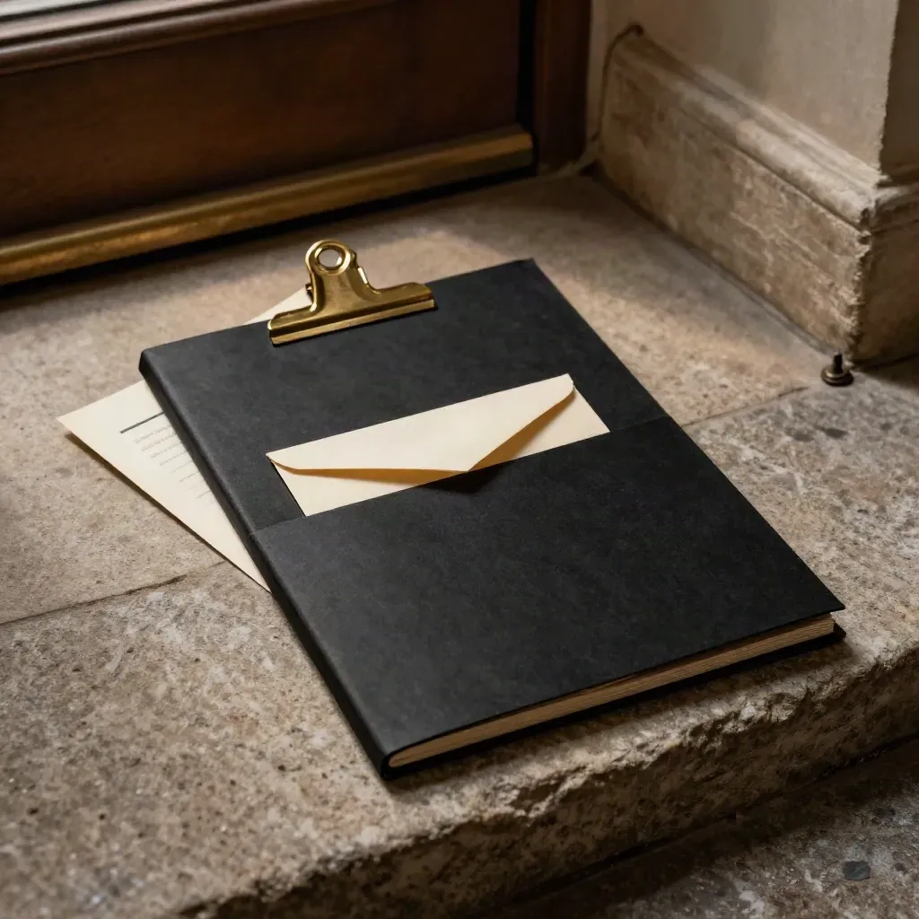 Document folio, courier envelope and brass clip on a stone threshold in warm afternoon light.
