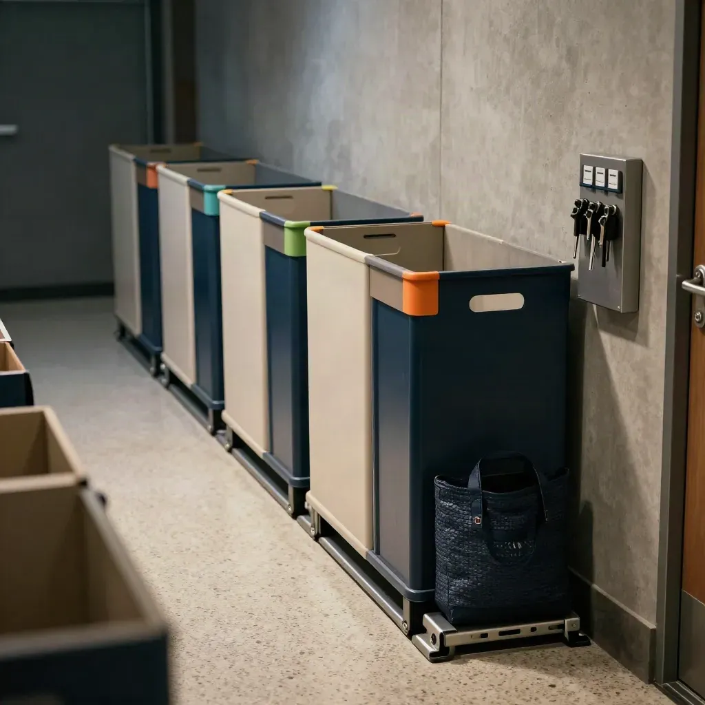 Courier depot corridor with sorted parcel bins, route tote, and key rack in soft morning light.