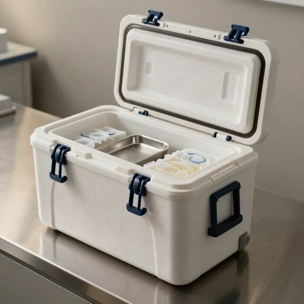 Specimen cooler with vials and gel packs on a stainless lab counter