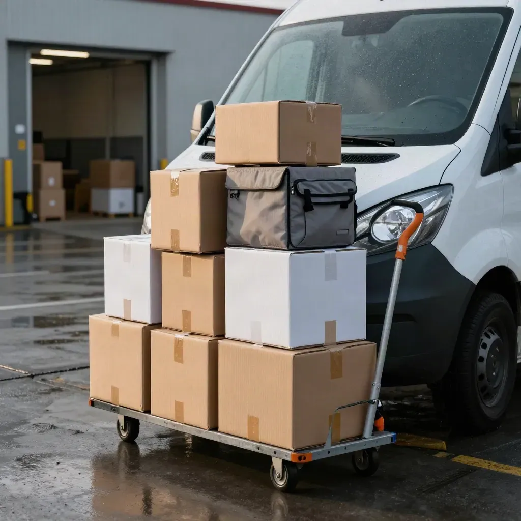 Mixed parcels and a dolly beside a courier van at a wet warehouse loading bay.