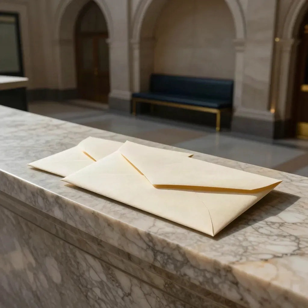 Three sealed legal envelopes on a marble courthouse ledge in warm morning light.