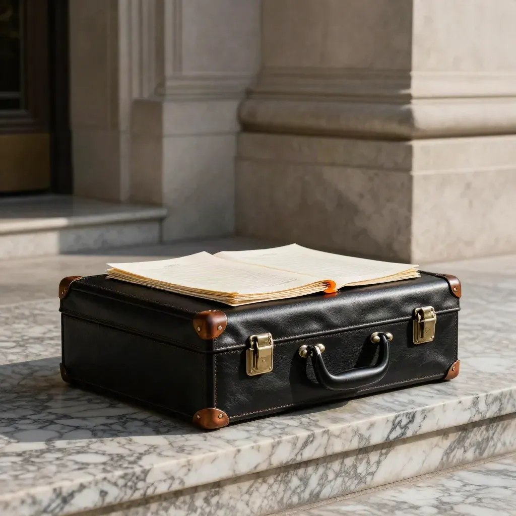 Black legal courier case and sealed packets on a marble courthouse step in dramatic shadow.