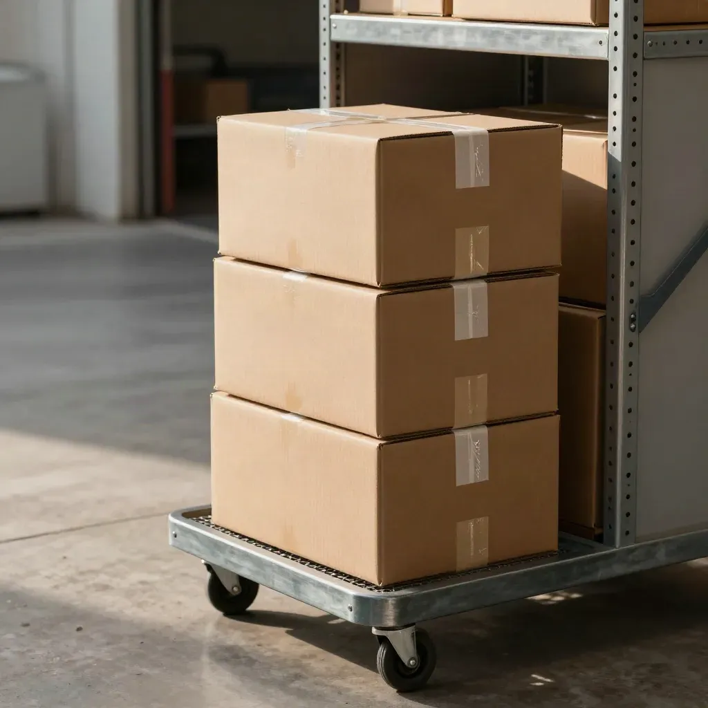 Three sealed e-commerce boxes on a rolling cart beside a fulfillment shelf and open loading door.