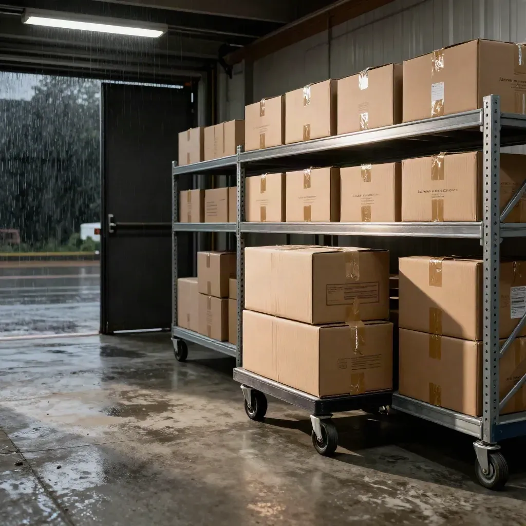 Sealed courier boxes on a rolling cart by a dark loading bay, lit cinematically.