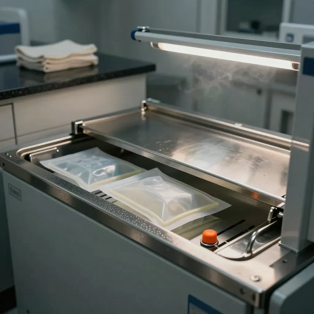 Condensation-covered specimen cooler with gel packs on a clinic lab pass-through shelf
