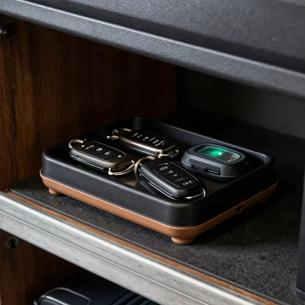 Courier radio charger, key fobs, and route beacon in a dark dispatch nook