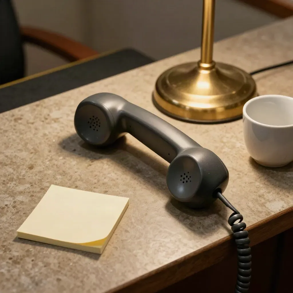 Courier client desk still life: handset, lamp base, note cube and cup in warm low light.