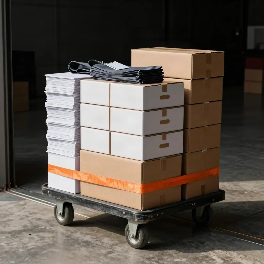 Empty venue trolley loaded with badge kits, lanyards and print packs at a dock entrance