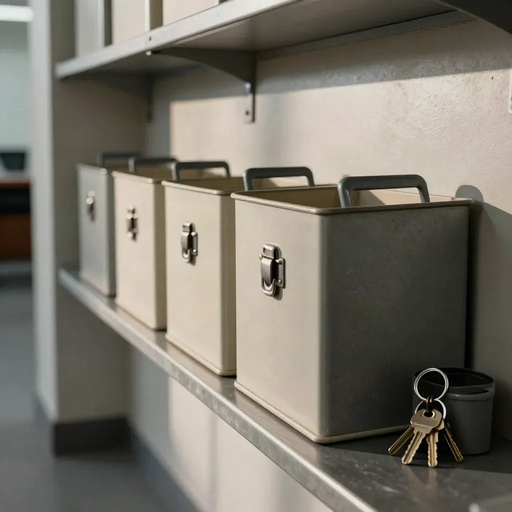 Five mail totes in order on an office shelf with keys and a route bin