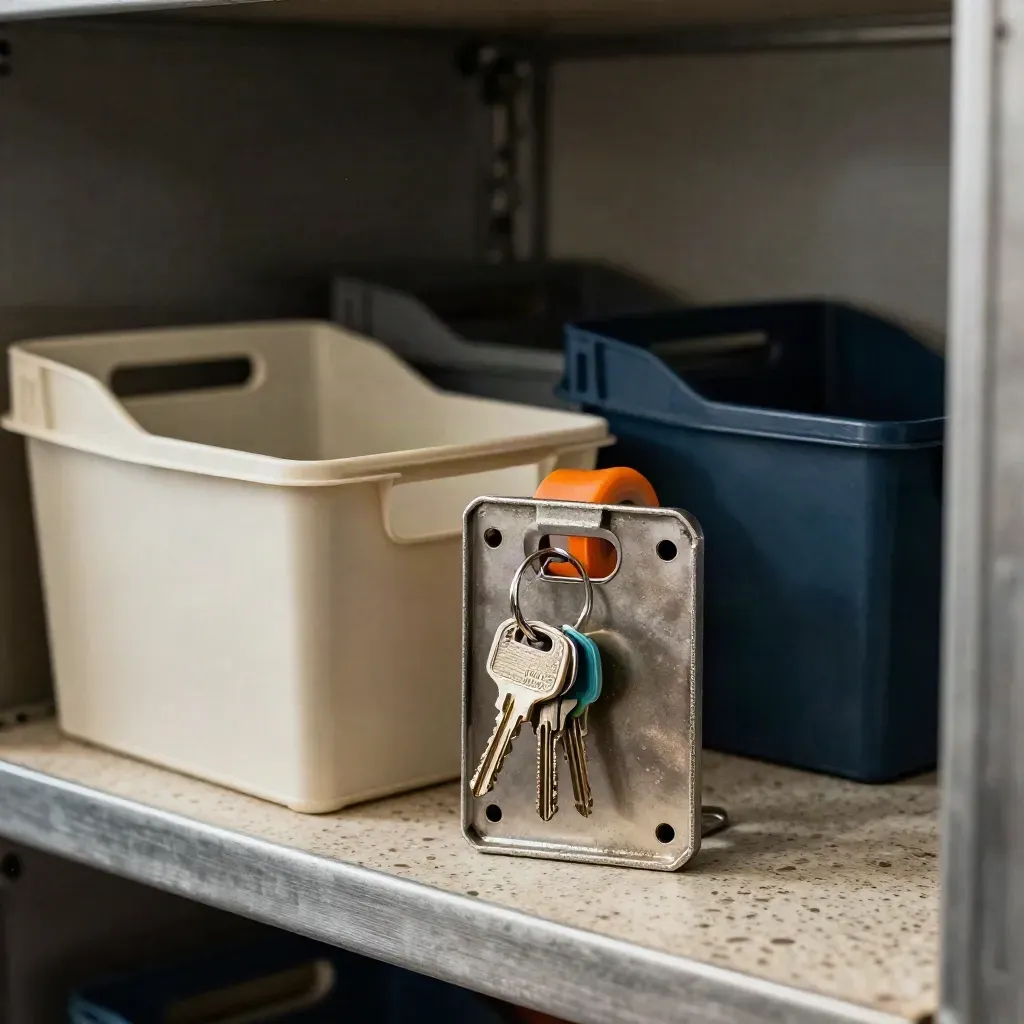 Aluminum route key rack, orange tape gun, and dispatch bins in a courier ops station