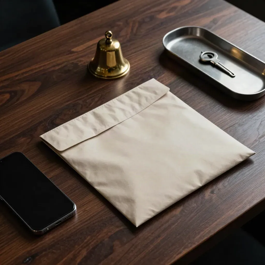 Top-down courier intake still life with phone, brass bell, pouch and key tray on dark wood.