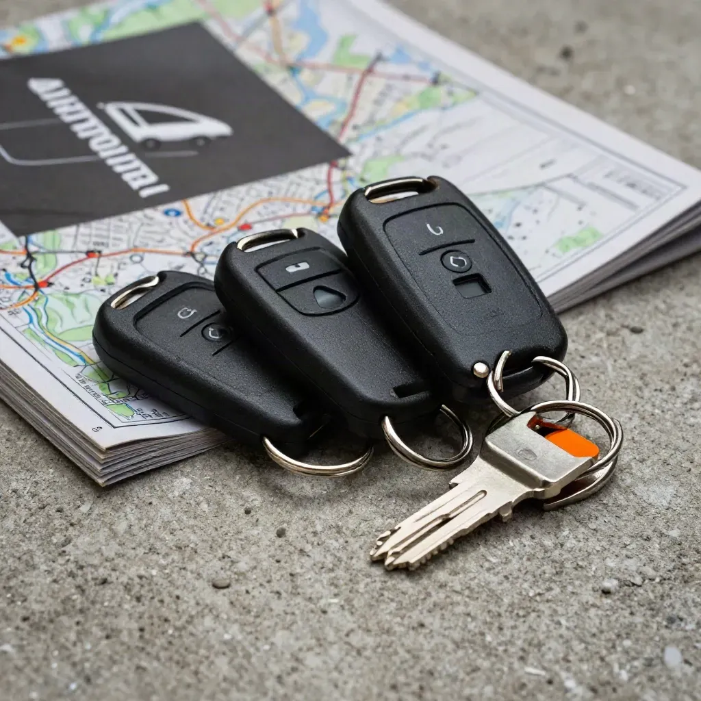 Macro overhead of van keys, a folded road atlas, and a metal route clip on concrete.