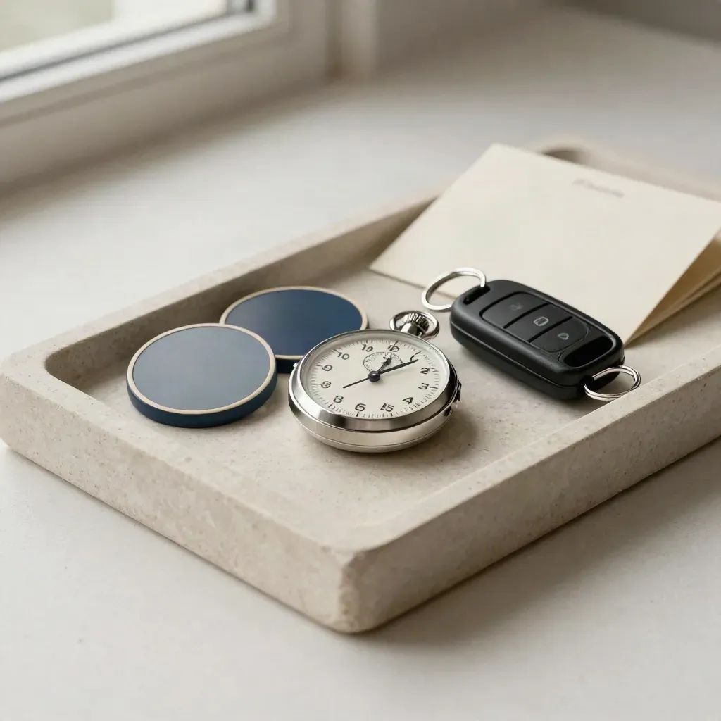 Route tokens, stopwatch, and key fob in a shallow tray on plaster.