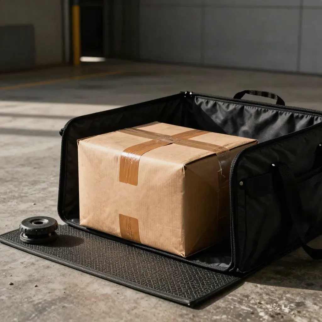 Kraft parcel in a black cargo tote beside a van mat and wheel chock, lit from one side.