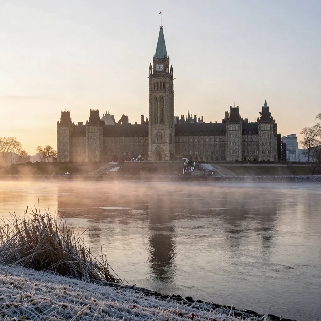 Parliament Hill above the misty Ottawa River at sunrise, frosted water filling the foreground.