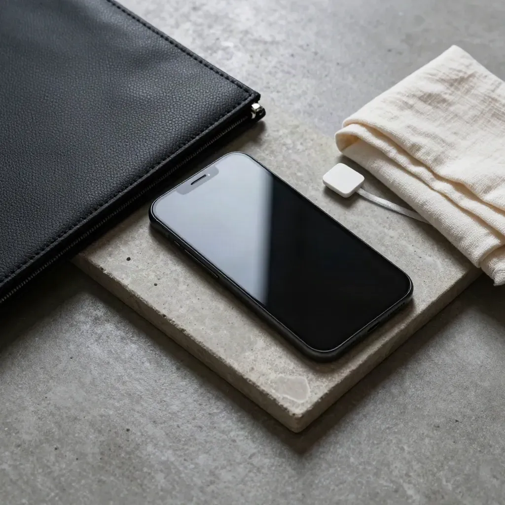 Face-down phone, black courier folio, and white tamper seal on a brushed stone tray