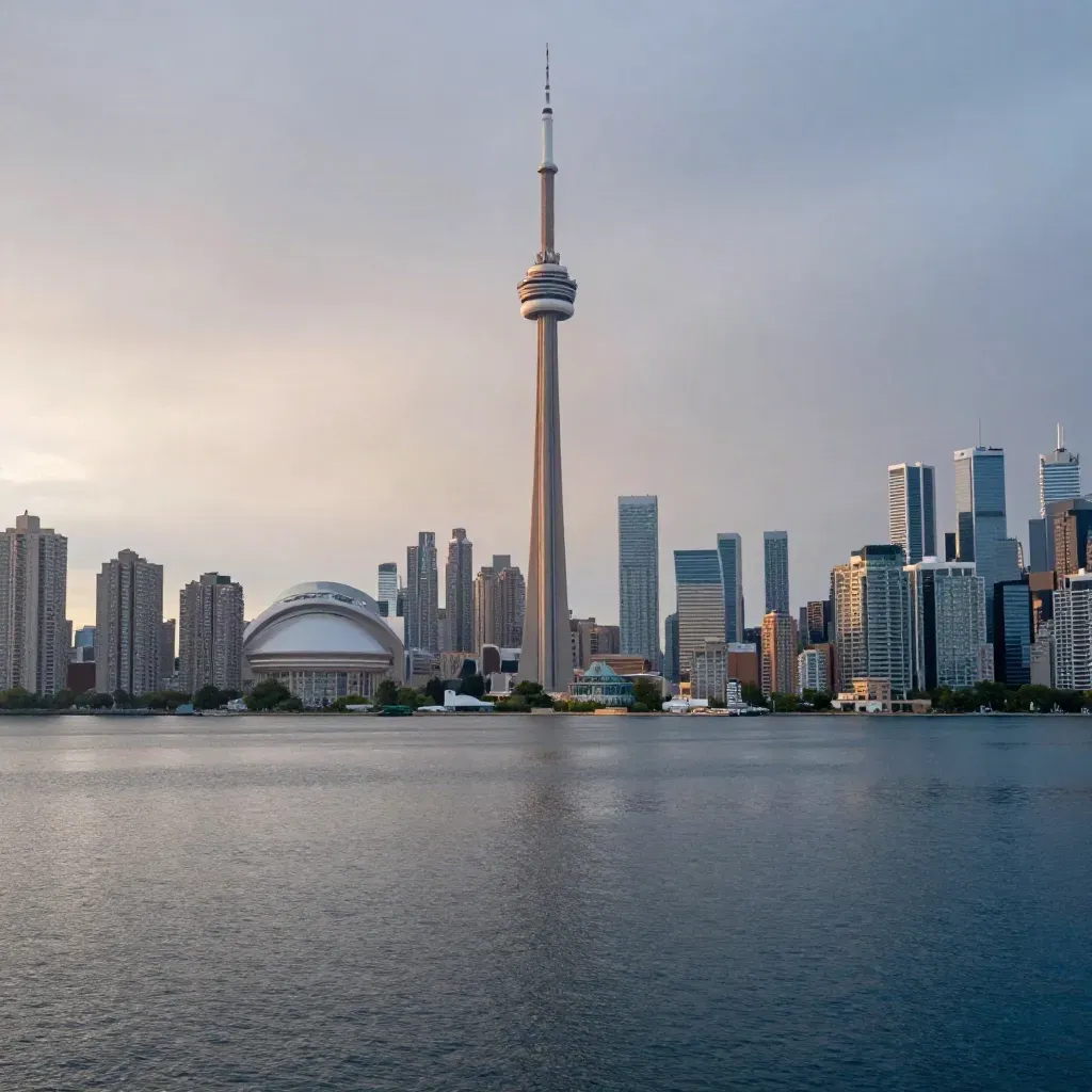Toronto skyline and CN Tower above calm Lake Ontario at blue hour after a summer storm.