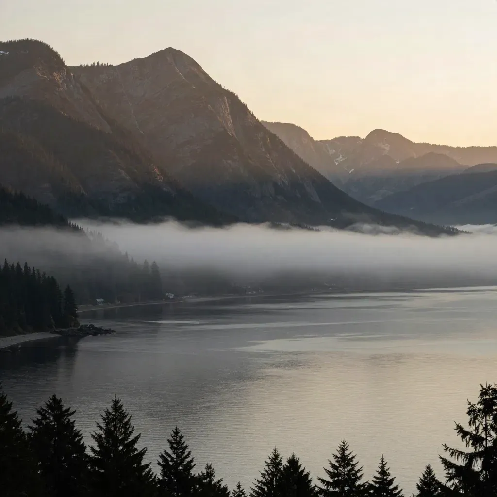 North Shore mountains over Burrard Inlet at dawn with mist and calm water