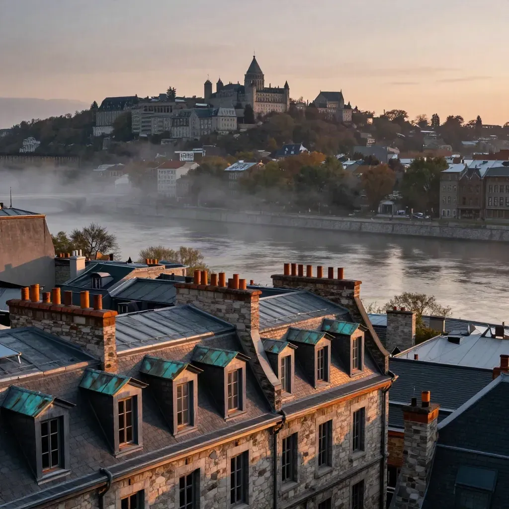 Old Montreal rooftops and Mount Royal ridge over warm evening river haze.